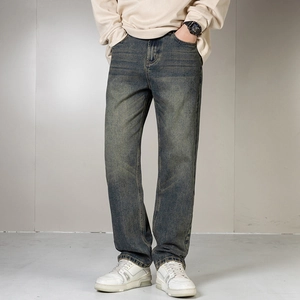 Herren Retro Wasch Gerade Bein Jeans Baumwolle Vintage Schlamm Waschung Denim Hose Casual Streetwear Gerade Schnitt Hose Herren