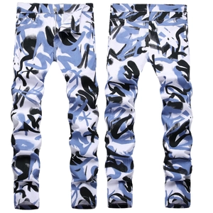 Jean Homme Streetwear Imprimé Graffiti Coupe Ajustée Pantalon Denim Coton Décontracté Peint Bleu Blanc Noir Style Hip Hop