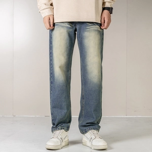 Men Vintage Blue Jeans Straight Leg Distressed Denim Pants Streetwear Mid Waist Retro Wash Workwear Fashion Trousers
