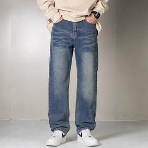Jean en Denim à Jambe Droite Streetwear pour Hommes Taille Moyenne Délavé Bleu Moustaches Décontracté Coupe Ample Pantalon