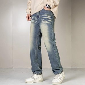 Men's retro blue straight-leg jeans with vintage wash and distressed cat whiskers detail