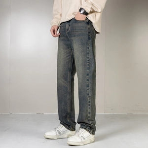 Vintage gewaschene Straight-Leg-Jeans für Herren im nostalgischen blauen Street-Fashion-Stil