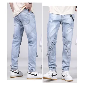 Jean Denim Délavé Bleu Clair pour Hommes Déchiré Streetwear Pantalon Crayon Avec Sangles Fermetures Éclair Coupe Slim