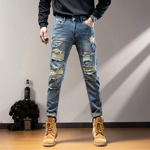 Men Ripped Jeans Washed Blue Distressed Denim Pants With Paint Splatter Patchwork Skinny Streetwear Trousers For Youth