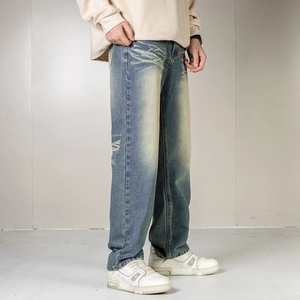 Men's vintage blue straight leg denim jeans with retro street style graphic print
