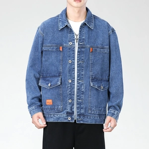 Men's dark blue denim jacket with four utility pockets and classic turn-down collar
