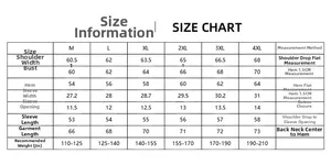 Detailed size chart for men's denim jacket including measurements from size M to 4XL