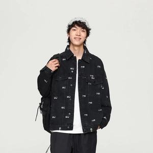 Men Denim Jacket Cotton Blend Long Sleeve All Over Letter Print Lapel Street Style Autumn Fashion Outwear For Men