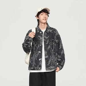Men's Vintage Floral Embroidery Denim Jacket Cotton Streetwear Lapel Single Breasted Long Sleeve Casual Outerwear Fashion
