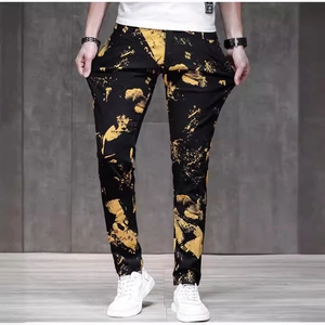 Men's Trendy Slim Fit Denim Jeans With Gold Splatter Paint Print Stretch Mid Waist Small Leg Long Pants Streetwear Trouser