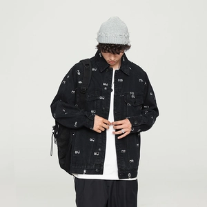 Men's black denim jacket with all-over white letter embroidery and a stylish lapel collar