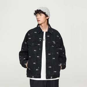 Men's slim fit black denim jacket with lapel collar and white graphic embroidery