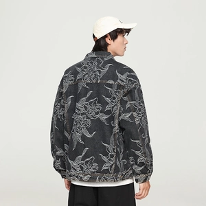 Men's street fashion black denim jacket featuring white floral embroidery and a slim fit