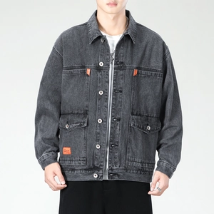 Men's washed grey denim jacket with flap pockets and classic lapel collar