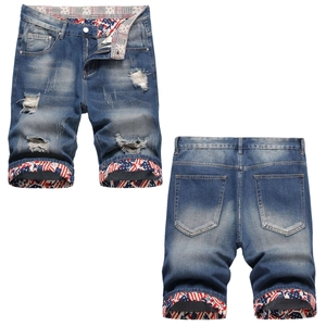 Herren Zerrissene Denim-Shorts Baumwolle Zerstört Gerade Bein Shorts Mit Amerikanischer Flagge Druck Futter Streetwear Sommer Casual Hosen Für Männer