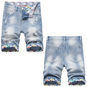 Men Distressed Denim Shorts Light Blue Washed Ripped Cotton Blend Summer Casual Streetwear Retro Straight Leg Bottoms