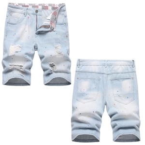 Men's Light Blue Denim Shorts Ripped Distressed Paint Splatter Cotton Blend Streetwear Hip Hop Casual Summer Five Pocket Half Pants