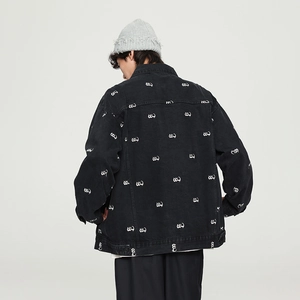 Men's black denim jacket with all-over white abstract logo print in streetwear style