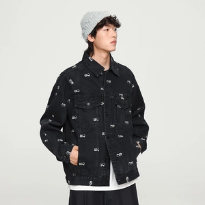 Men's black denim jacket with lapel collar and white graphic prints for streetwear style