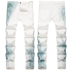 Jean Slim en Deni Blanc pour Homme avec Éclaboussures de Peinture Bleue Peint à la Main Pantalon en Coton Extensible
