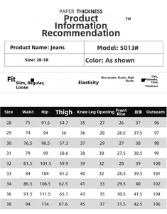 Size chart for men's ripped slim fit jeans with waist and hip measurements from 28 to 38