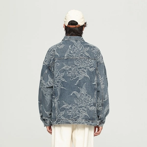 Men's retro loose fit dark blue denim jacket with artistic white floral embroidery on back