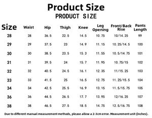 Detailed product size chart for men's slim fit distressed jeans in inches and sizes 28-38