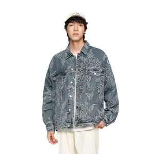 Men's slim fit dark blue denim jacket with white floral embroidery and turn-down collar
