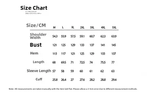 Size chart for men's winter blue denim jacket with measurements from size M to 5XL