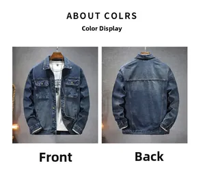 Vues détaillée avant et arrière d'une veste en jean bleu foncé pour homme avec boutons