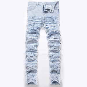 Men's High Street Hip Hop Distressed Frayed Jeans Heavy Craft Tassels Washed Cotton Straight Leg Denim Pants For Men Fashion