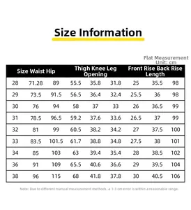 Detailed size chart for men slim stretch dark grey jeans with precise body measurements