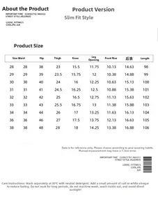 Detailed size chart for slim fit distressed jeans including waist and hip measurements