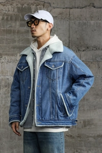 Detail of warm white faux shearling lining inside a classic blue washed denim jacket