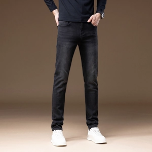 Slim fit men's charcoal grey stretch denim jeans with a classic washed finish