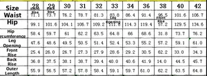 Tableau des tailles détaillé pour short en jean imprimé avec mesures de taille et hanches