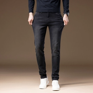 Slim fit dark gray stretch denim jeans for men featuring classic five-pocket styling