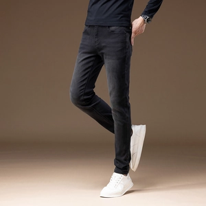 Slim fit dark charcoal grey fleece lined jeans for men with premium stretch denim fabric