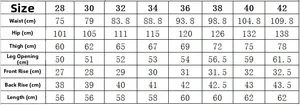 Detailed size chart for men's denim shorts showing waist, hip, and length measurements