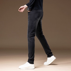 Slim fit men's stretch jeans in dark grey black color with classic five-pocket design
