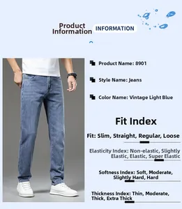 Detailed chart showing slim fit light blue elastic denim jeans with fabric specifications