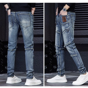 Men Slim Distressed Jeans With Patchwork Detail Ripped Trendy Blue Washed Denim Long Pants For Daily Casual Streetwear