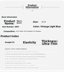 Detailed size chart and material specs for retro light blue stretch slim fit men's jeans