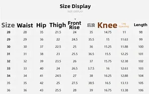 Detailed size chart for slim fit stretch denim jeans featuring waist and hip measurements