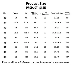 Detailed size chart for men's slim fit jeans covering sizes 28 to 38 with measurements