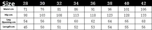Detailed size chart for men's denim shorts showing waist and hip measurements in cm