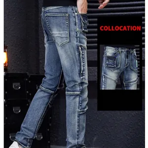 Slim fit men's distressed cargo jeans with patch details and mid-blue wash finish