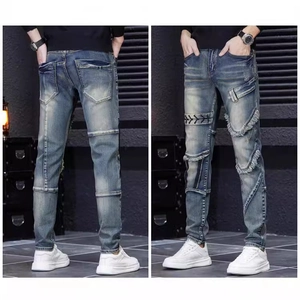 Men Patchwork Denim Jeans Slim Fit Ripped Distressed Streetwear Washed Blue Denim Pants Hip Hop Spliced Tassel Long Jeans