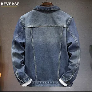 Men's winter fleece denim jacket in mid-blue wash with white ribbed cuffs, back view