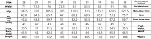 Detailed size chart for men's washed blue loose straight fit wide leg denim trousers